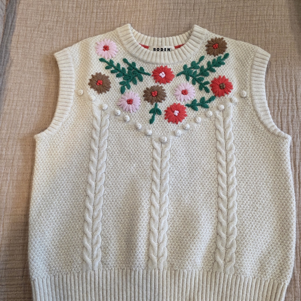 Boden Cream Floral Knit Sweater Vest